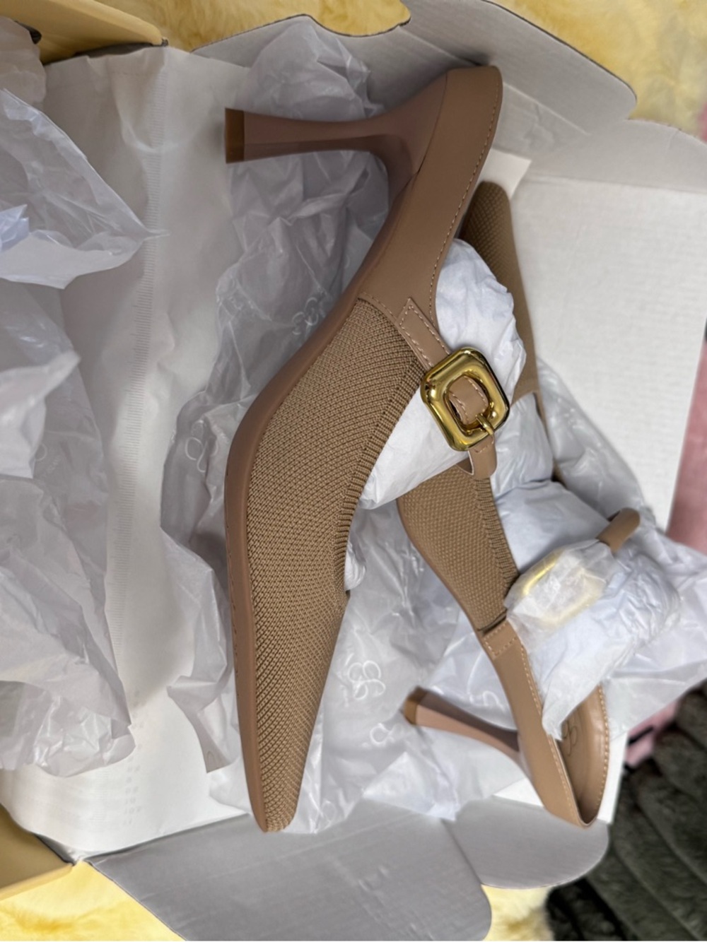 Classic Tan Mule Heels with Gold Buckle